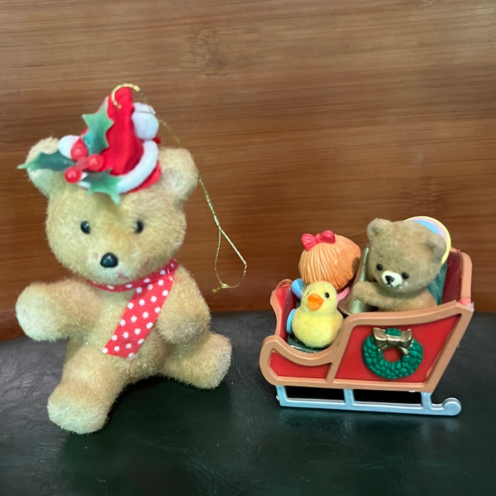 Vintage 1982 Enesco Victorian Sleigh Christmas Ornament & Teddy Bear Ornament